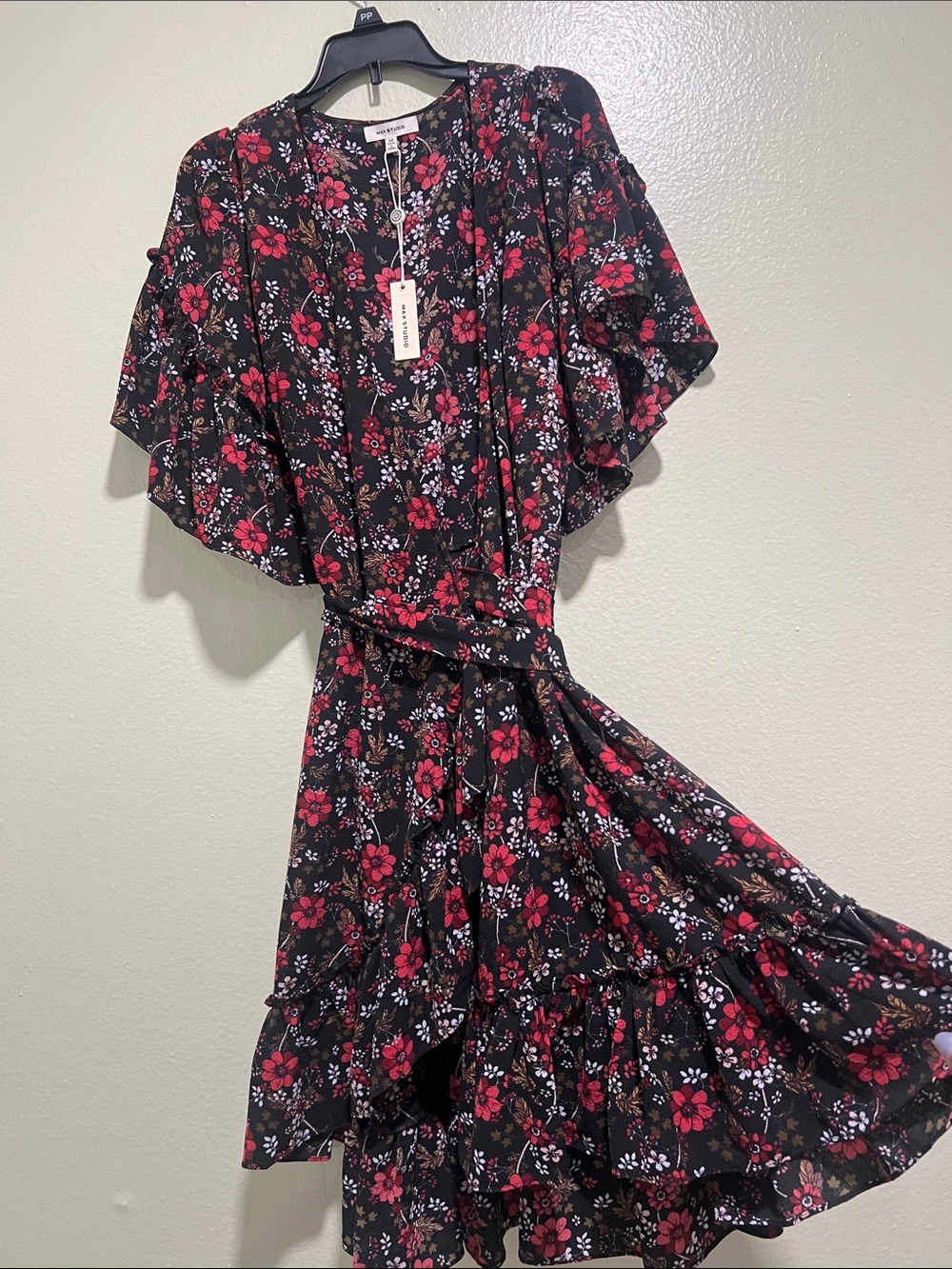 Max Studio Black Midi Dress with Red Floral Print - Picture 1 of 4